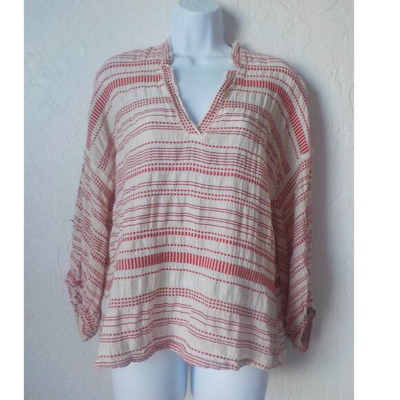 Lou Grey Loft Women Small Tunic Blouse V-Neck Ivory Red Stripe Pullover Cotton - Picture 2 of 12